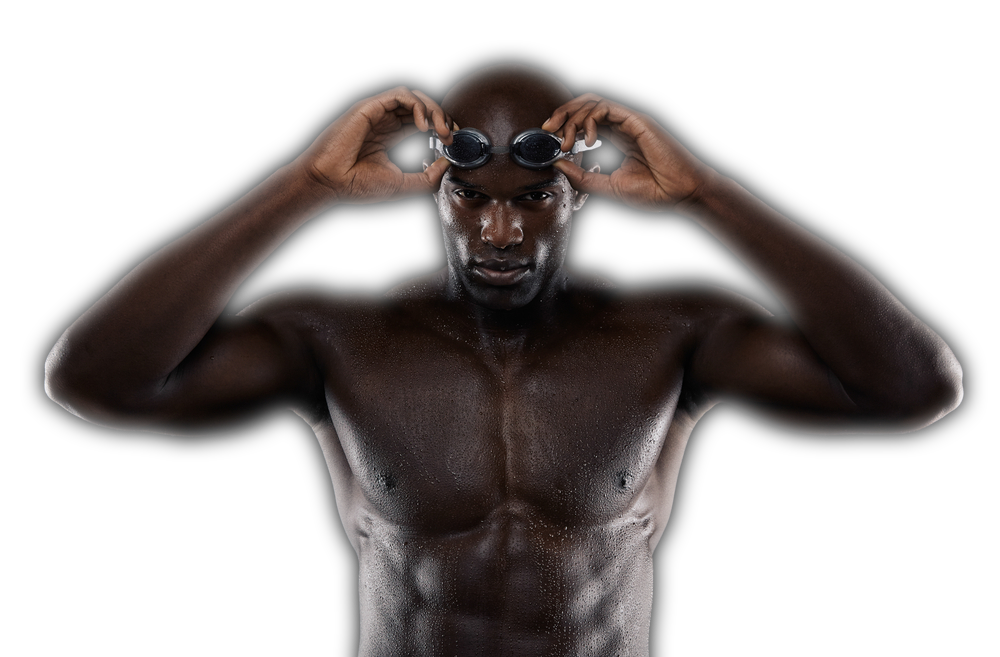 Swimmer putting on goggles